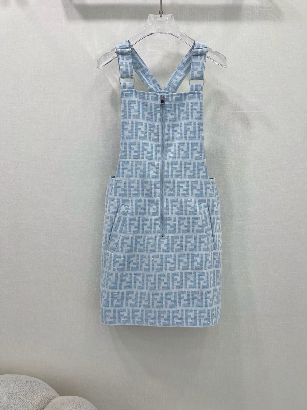 Fendi Light Blue and White FF Logo Jacquard Pinafore Dress